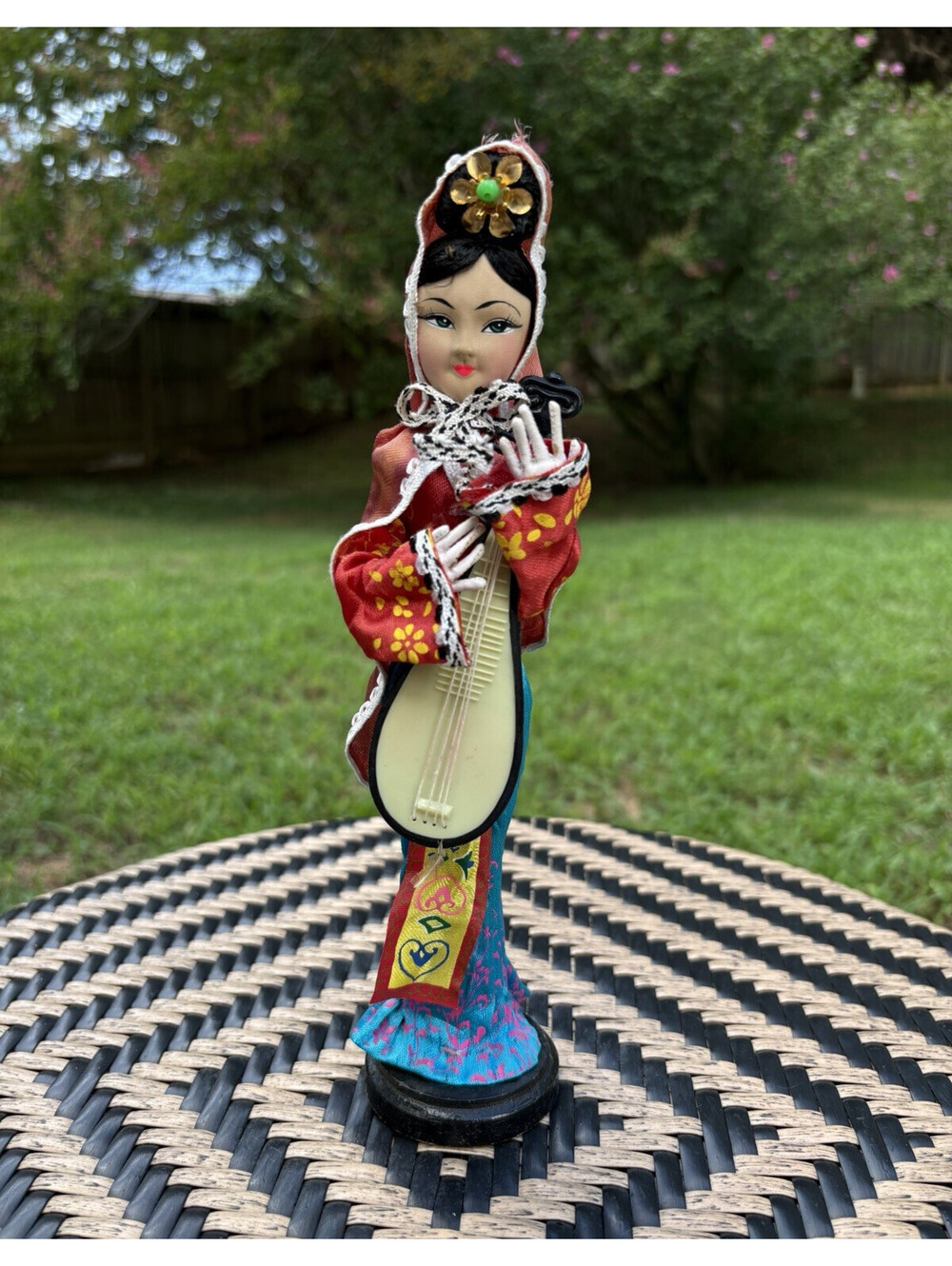 Asian Woman Figurine Hand Painted Fabric Floral Cape w/ Instrument